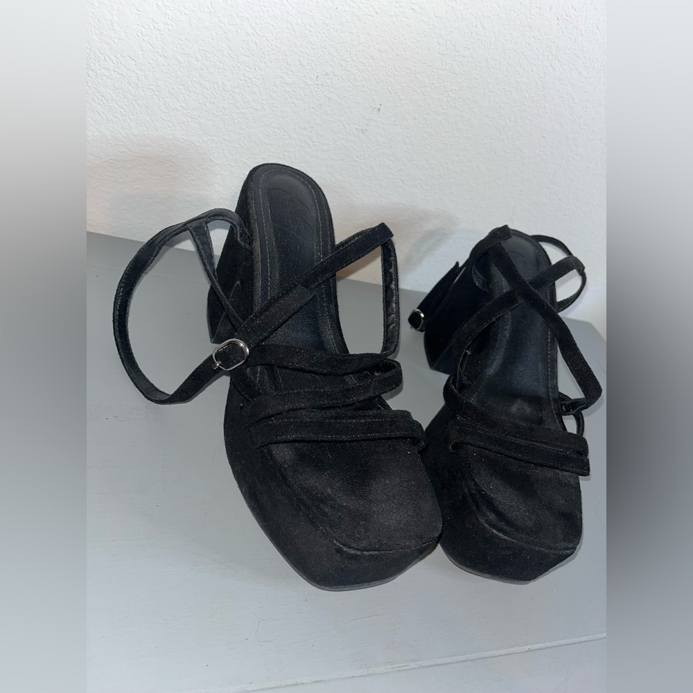 Black Faux Suede Platform Sandals Buckle Ankle Strap Chunky Mules Y2K Sz 41 /9.5